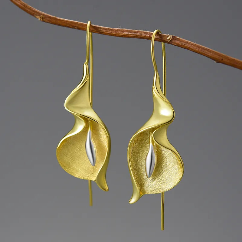 Lotus Fun 18K Gold Long Hanging New Calla Lily Flower Dangle Earrings for Women Real 925 Sterling Silver Luxury Fine Jewelry