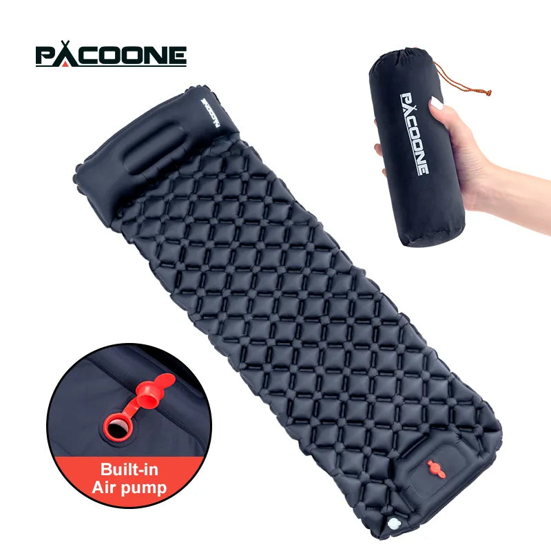PACOONE Outdoor Camping Sleeping Pad Inflatable Mattress with Pillows Ultralight Air Mat Built-in Inflator Pump Travel Hiking