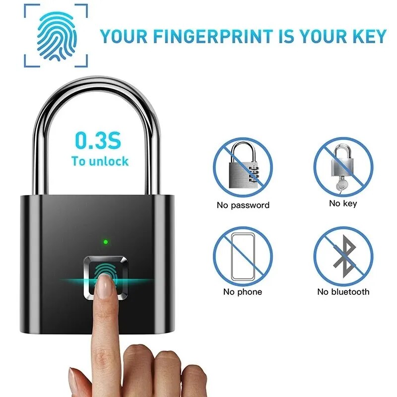 Fingerprint Lock Keyless Waterproof Anti-Theft Smart Lock Fingerprint Padlock Zinc Alloy Intelligent Safety Electronic DoorLock